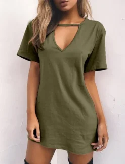 Hot Women's Mini Dress T Shirt Dress Tee Dress Summer Dress Casual Daily Regular Fit Plain Short Sleeve V Neck Black White Brown Green Summer Women T Shirt Dresses
