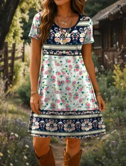 New Women's Mini Dress T Shirt Dress Tee Dress A Line Dress Summer Dress Vacation Casual Boho Daily Going out Beach Regular Fit Floral Graphic Paisley Short Sleeve Crewneck Black Blue Beige Summer Spring Women T Shirt Dresses