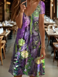 Discount Women's Mini Dress T Shirt Dress Tee Dress Sundress A Line Dress Summer Dress Vacation Casual Boho Beach Regular Fit Floral Graphic Abstract Short Sleeve V Neck Yellow Red Blue Purple Summer Spring Women Sundresses