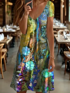 Discount Women's Mini Dress T Shirt Dress Tee Dress Sundress A Line Dress Summer Dress Vacation Casual Boho Beach Regular Fit Floral Graphic Abstract Short Sleeve V Neck Yellow Red Blue Purple Summer Spring Women Sundresses