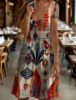 Sale Women's Mini Dress T Shirt Dress Tee Dress Sundress Summer Dress Vacation Casual Boho Daily Holiday Going out Regular Fit Graphic Geometric Butterfly Short Sleeve V Neck Yellow Red Blue Purple Summer Women Sundresses