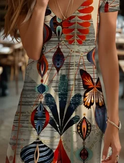 Sale Women's Mini Dress T Shirt Dress Tee Dress Sundress Summer Dress Vacation Casual Boho Daily Holiday Going out Regular Fit Graphic Geometric Butterfly Short Sleeve V Neck Yellow Red Blue Purple Summer Women Sundresses