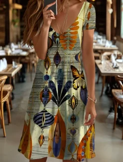 Sale Women's Mini Dress T Shirt Dress Tee Dress Sundress Summer Dress Vacation Casual Boho Daily Holiday Going out Regular Fit Graphic Geometric Butterfly Short Sleeve V Neck Yellow Red Blue Purple Summer Women Sundresses