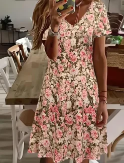 Best Women's Mini Dress T Shirt Dress Tee Dress Sundress Summer Dress Vacation Casual Beach Daily Going out Regular Fit Floral Graphic Short Sleeve V Neck Pink Blue Green Summer Women Casual Dress|Vacation Dresses