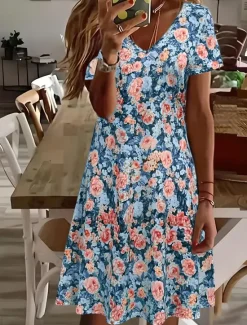 Best Women's Mini Dress T Shirt Dress Tee Dress Sundress Summer Dress Vacation Casual Beach Daily Going out Regular Fit Floral Graphic Short Sleeve V Neck Pink Blue Green Summer Women Casual Dress|Vacation Dresses