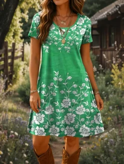 Online Women's Mini Dress T Shirt Dress Tee Dress A Line Dress Summer Dress Vacation Casual Beach Daily Going out Beach Regular Fit Floral Graphic Short Sleeve Crewneck Red Blue Purple Green Summer Spring Women Casual Dress|T Shirt Dresses