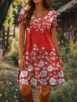 Online Women's Mini Dress T Shirt Dress Tee Dress A Line Dress Summer Dress Vacation Casual Beach Daily Going out Beach Regular Fit Floral Graphic Short Sleeve Crewneck Red Blue Purple Green Summer Spring Women Casual Dress|T Shirt Dresses