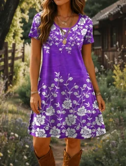 Online Women's Mini Dress T Shirt Dress Tee Dress A Line Dress Summer Dress Vacation Casual Beach Daily Going out Beach Regular Fit Floral Graphic Short Sleeve Crewneck Red Blue Purple Green Summer Spring Women Casual Dress|T Shirt Dresses
