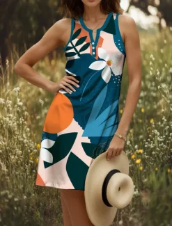 Outlet Women's Mini Dress T Shirt Dress Tee Dress Summer Dress Casual Daily Holiday Regular Fit Floral Graphic Geometric Sleeveless V Neck Yellow Red Blue Purple Summer Women Sundresses