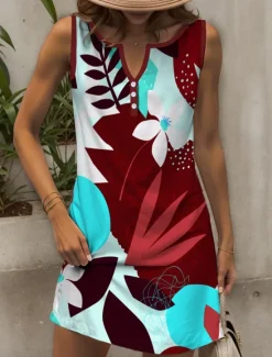 Outlet Women's Mini Dress T Shirt Dress Tee Dress Summer Dress Casual Daily Holiday Regular Fit Floral Graphic Geometric Sleeveless V Neck Yellow Red Blue Purple Summer Women Sundresses