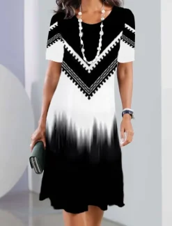 Online Women's Mini Dress T Shirt Dress Tee Dress Sundress Summer Dress Print Dress Fashion Streetwear Modern Outdoor Daily Going out Regular Fit Geometric Color Block Short Sleeve Crew Neck Black And White Women Casual Dress