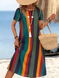 Online Women's Mini Dress T Shirt Dress Tee Dress Summer Dress Casual Daily Regular Fit Graphic Striped Short Sleeve Crew Neck Summer Spring Women Casual Dress