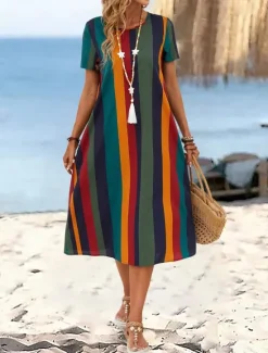 Online Women's Mini Dress T Shirt Dress Tee Dress Summer Dress Casual Daily Regular Fit Graphic Striped Short Sleeve Crew Neck Summer Spring Women Casual Dress
