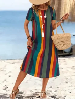 Online Women's Mini Dress T Shirt Dress Tee Dress Summer Dress Casual Daily Regular Fit Graphic Striped Short Sleeve Crew Neck Summer Spring Women Casual Dress