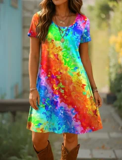 Online Women's Mini Dress T Shirt Dress Tee Dress A Line Dress Summer Dress Casual Daily Regular Fit Ombre Graphic Geometric Short Sleeve Crewneck Blue Purple Orange Summer Spring Women T Shirt Dresses