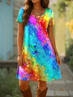 Online Women's Mini Dress T Shirt Dress Tee Dress A Line Dress Summer Dress Casual Daily Regular Fit Ombre Graphic Geometric Short Sleeve Crewneck Blue Purple Orange Summer Spring Women T Shirt Dresses