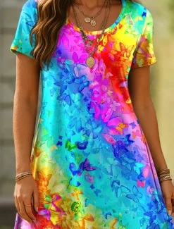 Online Women's Mini Dress T Shirt Dress Tee Dress A Line Dress Summer Dress Casual Daily Regular Fit Ombre Graphic Geometric Short Sleeve Crewneck Blue Purple Orange Summer Spring Women T Shirt Dresses