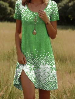 New Women's Mini Dress T Shirt Dress Tee Dress A Line Dress Summer Dress Casual Holiday Beach Regular Fit Floral Graphic Short Sleeve Crew Neck Blue Purple Green Dark Blue Summer Spring Women T Shirt Dresses