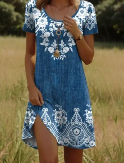 New Women's Mini Dress T Shirt Dress Tee Dress A Line Dress Summer Dress Casual Holiday Beach Regular Fit Floral Graphic Short Sleeve Crew Neck Blue Purple Green Dark Blue Summer Spring Women T Shirt Dresses