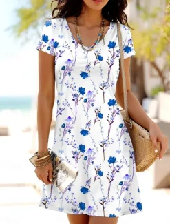 Sale Women's Mini Dress T Shirt Dress Tee Dress A Line Dress Summer Dress Casual Daily Regular Fit Floral Graphic Short Sleeve Crewneck Red Blue Purple Summer Spring Women T Shirt Dresses