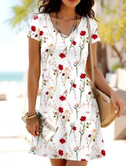Sale Women's Mini Dress T Shirt Dress Tee Dress A Line Dress Summer Dress Casual Daily Regular Fit Floral Graphic Short Sleeve Crewneck Red Blue Purple Summer Spring Women T Shirt Dresses