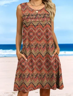New Women's Mini Dress T Shirt Dress Tee Dress Sundress A Line Dress Vacation Casual Beach Daily Holiday Going out Regular Fit Floral Sleeveless Crew Neck Red Orange Brown Green Summer Women Casual Dress|Vacation Dresses