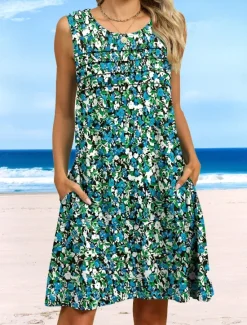 New Women's Mini Dress T Shirt Dress Tee Dress Sundress A Line Dress Vacation Casual Beach Daily Holiday Going out Regular Fit Floral Sleeveless Crew Neck Red Orange Brown Green Summer Women Casual Dress|Vacation Dresses