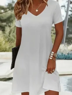 Outlet Women's Mini Dress T Shirt Dress Tee Dress Sundress A Line Dress Vacation Casual Beach Going out Beach Plain Short Sleeve V Neck Black White Summer Women White Dresses