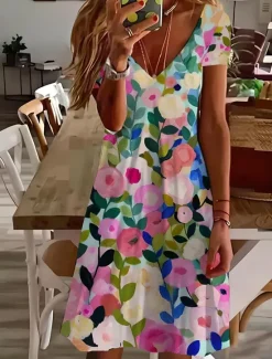 Women's Mini Dress T Shirt Dress Tee Dress Sundress A Line Dress Summer Dress Vacation Casual Daily Tea Party Going out Regular Fit Floral Graphic Short Sleeve V Neck Light Green Blue Sky Blue Light Women Casual Dress|Vacation Dresses