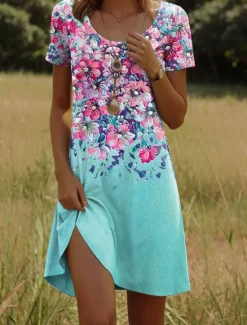 Sale Women's Mini Dress T Shirt Dress Tee Dress A Line Dress Summer Dress Casual Daily Regular Fit Floral Graphic Short Sleeve Crewneck Pink Blue Green Summer Spring Women Casual Dress|T Shirt Dresses