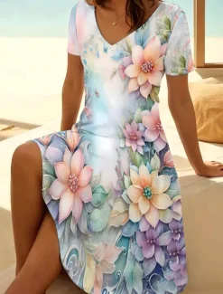 Outlet Women's Mini Dress T Shirt Dress Tee Dress Sundress A Line Dress Vacation Casual Beach Going out Beach Floral Graphic Short Sleeve V Neck Light Green Light Brown Purple Lilac Summer Women Casual Dress