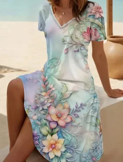Outlet Women's Mini Dress T Shirt Dress Tee Dress Sundress A Line Dress Vacation Casual Beach Going out Beach Floral Graphic Short Sleeve V Neck Light Green Light Brown Purple Lilac Summer Women Casual Dress