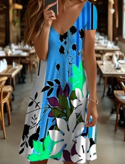 Best Women's Mini Dress T Shirt Dress Tee Dress Sundress Summer Dress Vacation Casual Beach Daily Going out Regular Fit Floral Graphic Geometric Short Sleeve V Neck Yellow Blue Purple Orange Summer Women Sundresses