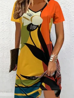 Best Women's Mini Dress T Shirt Dress Tee Dress Sundress Summer Dress Vacation Casual Beach Daily Going out Regular Fit Floral Graphic Geometric Short Sleeve V Neck Yellow Blue Purple Orange Summer Women Sundresses