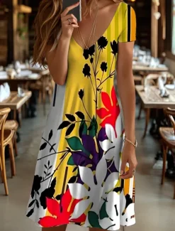 Best Women's Mini Dress T Shirt Dress Tee Dress Sundress Summer Dress Vacation Casual Beach Daily Going out Regular Fit Floral Graphic Geometric Short Sleeve V Neck Yellow Blue Purple Orange Summer Women Sundresses
