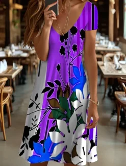Best Women's Mini Dress T Shirt Dress Tee Dress Sundress Summer Dress Vacation Casual Beach Daily Going out Regular Fit Floral Graphic Geometric Short Sleeve V Neck Yellow Blue Purple Orange Summer Women Sundresses