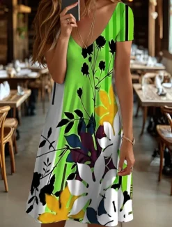 Best Women's Mini Dress T Shirt Dress Tee Dress Sundress Summer Dress Vacation Casual Beach Daily Going out Regular Fit Floral Graphic Geometric Short Sleeve V Neck Yellow Blue Purple Orange Summer Women Sundresses