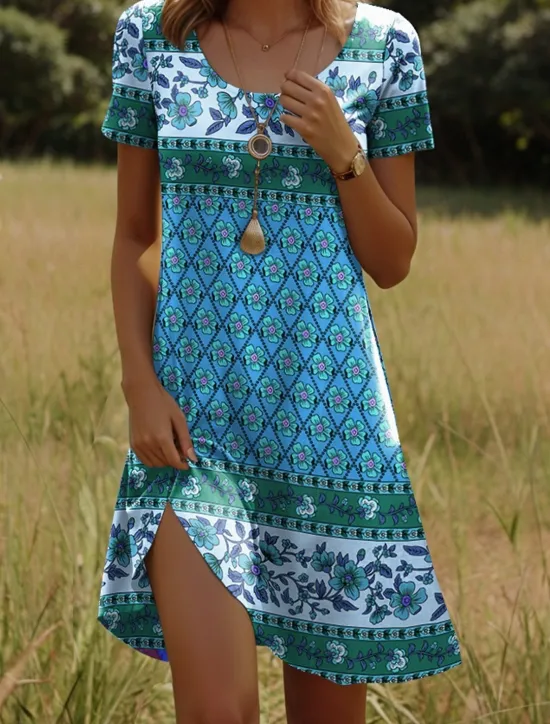 Women's Mini Dress T Shirt Dress Tee Dress Sundress Shift Dress Vacation Casual Boho Party Beach Regular Fit Floral Graphic Tribal Short Sleeve Crewneck Yellow Dark Pink Red Blue Summer Spring Women Casual Dress|Vacation Dresses