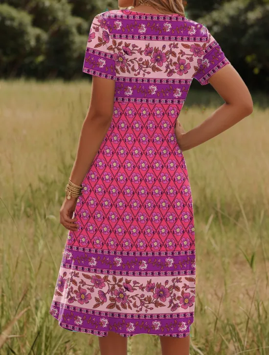 Women's Mini Dress T Shirt Dress Tee Dress Sundress Shift Dress Vacation Casual Boho Party Beach Regular Fit Floral Graphic Tribal Short Sleeve Crewneck Yellow Dark Pink Red Blue Summer Spring Women Casual Dress|Vacation Dresses