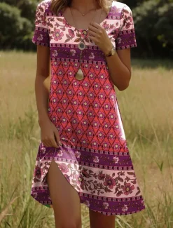 Women's Mini Dress T Shirt Dress Tee Dress Sundress Shift Dress Vacation Casual Boho Party Beach Regular Fit Floral Graphic Tribal Short Sleeve Crewneck Yellow Dark Pink Red Blue Summer Spring Women Casual Dress|Vacation Dresses