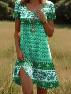 Women's Mini Dress T Shirt Dress Tee Dress Sundress Shift Dress Vacation Casual Boho Party Beach Regular Fit Floral Graphic Tribal Short Sleeve Crewneck Yellow Dark Pink Red Blue Summer Spring Women Casual Dress|Vacation Dresses