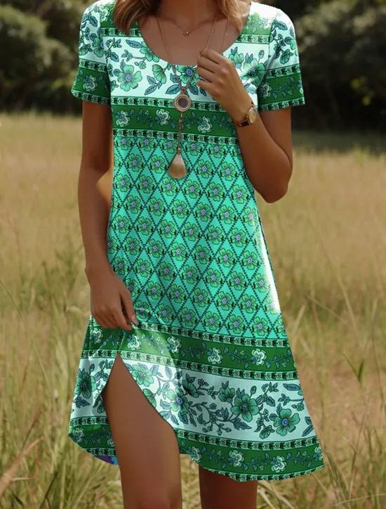 Women's Mini Dress T Shirt Dress Tee Dress Sundress Shift Dress Vacation Casual Boho Party Beach Regular Fit Floral Graphic Tribal Short Sleeve Crewneck Yellow Dark Pink Red Blue Summer Spring Women Casual Dress|Vacation Dresses