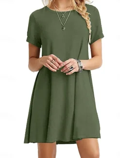 Discount Women's Mini Dress T Shirt Dress Tee Dress Solid Color Vacation Casual Daily Regular Fit Graphic Short Sleeve Notched Neck Black Pink Army Green Gray Summer Women Casual Dress|T Shirt Dresses