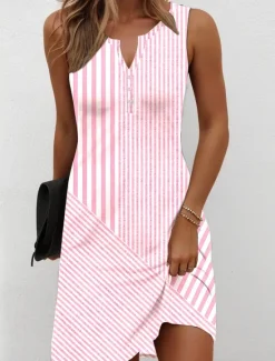 Outlet Women's Mini Dress T Shirt Dress Tee Dress Summer Dress Casual Daily Holiday Regular Fit Graphic Geometric Striped Sleeveless V Neck Pink Blue Green Gray Summer Women Sundresses