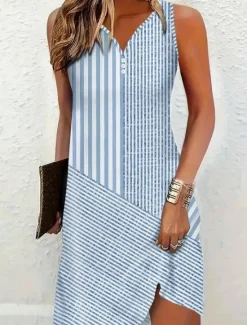 Outlet Women's Mini Dress T Shirt Dress Tee Dress Summer Dress Casual Daily Holiday Regular Fit Graphic Geometric Striped Sleeveless V Neck Pink Blue Green Gray Summer Women Sundresses