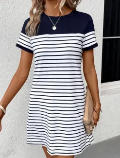 Clearance Women's Mini Dress T Shirt Dress Tee Dress Shift Dress Summer Dress Formal Work Regular Fit Graphic Stripe Short Sleeve Crew Neck Navy Blue Gray Summer Spring Women Sundresses