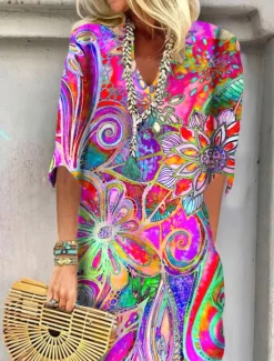 New Women's Mini Dress T Shirt Dress Shift Dress Summer Dress Print Dress Active Fashion Streetwear Outdoor Vacation Work Regular Fit Floral Paisley Half Sleeve V Neck Red Blue Women Spring Dresses