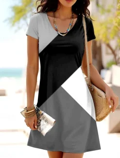 Outlet Women's Mini Dress T Shirt Dress Tee Dress A Line Dress Summer Dress Casual Daily Regular Fit Graphic Geometric Color Block Short Sleeve Crewneck Red Blue Purple Gray Summer Spring Women T Shirt Dresses