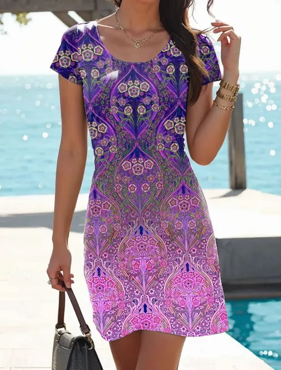 New Women's Mini Dress T Shirt Dress Tee Dress A Line Dress Summer Dress Casual Daily Regular Fit Graphic Paisley Short Sleeve Crewneck Pink Red Blue Summer Spring Women T Shirt Dresses