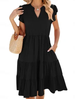 Best Women's Mini Dress T Shirt Dress Tee Dress A Line Dress Solid Color Athletic Dress Casual Vacation Daily Regular Fit Plain Short Sleeve V Neck Black Pink Wine Dark Green Summer Women T Shirt Dresses